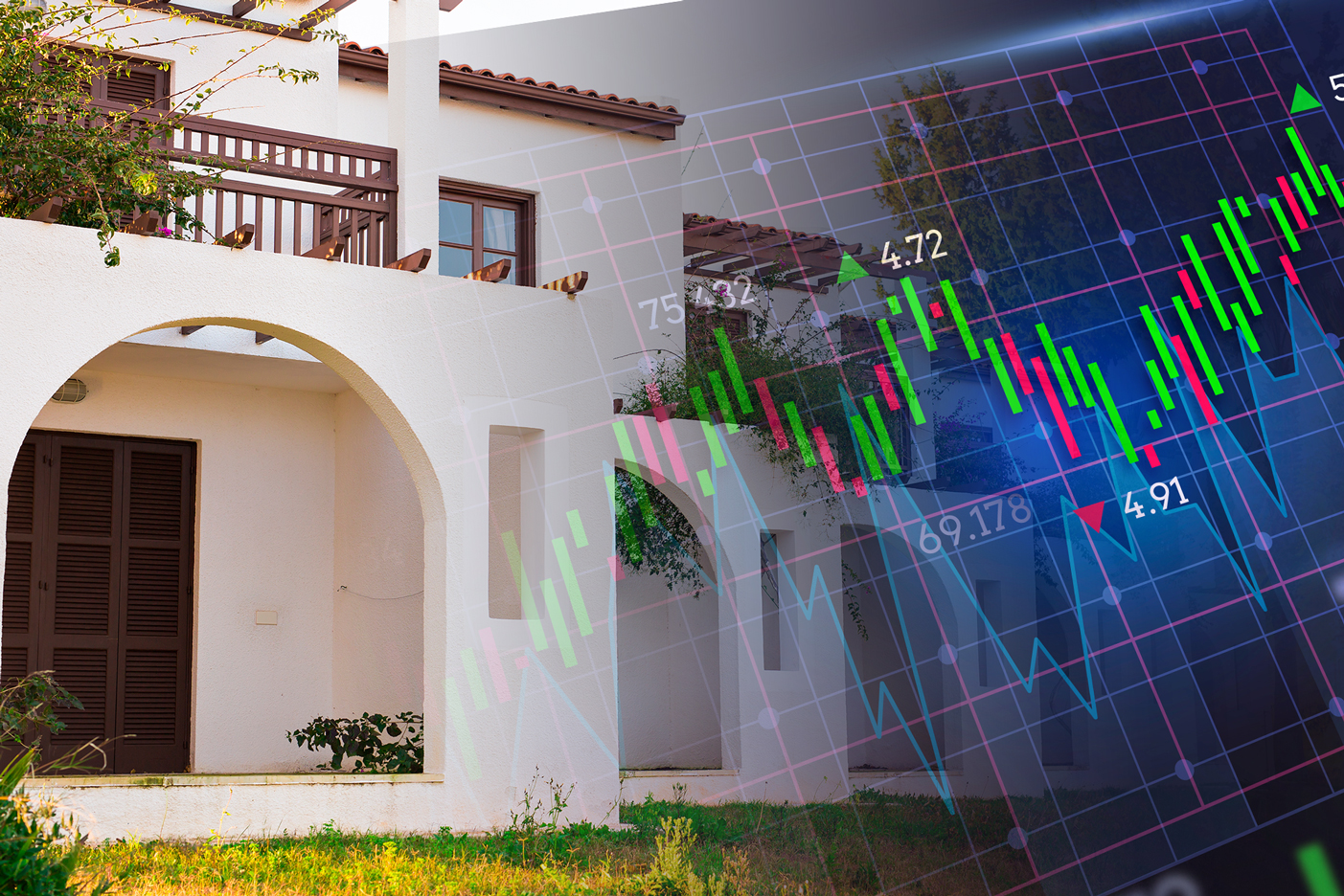 Imagen de unas casas de plaza combinada con un gráfico de valores de acciones